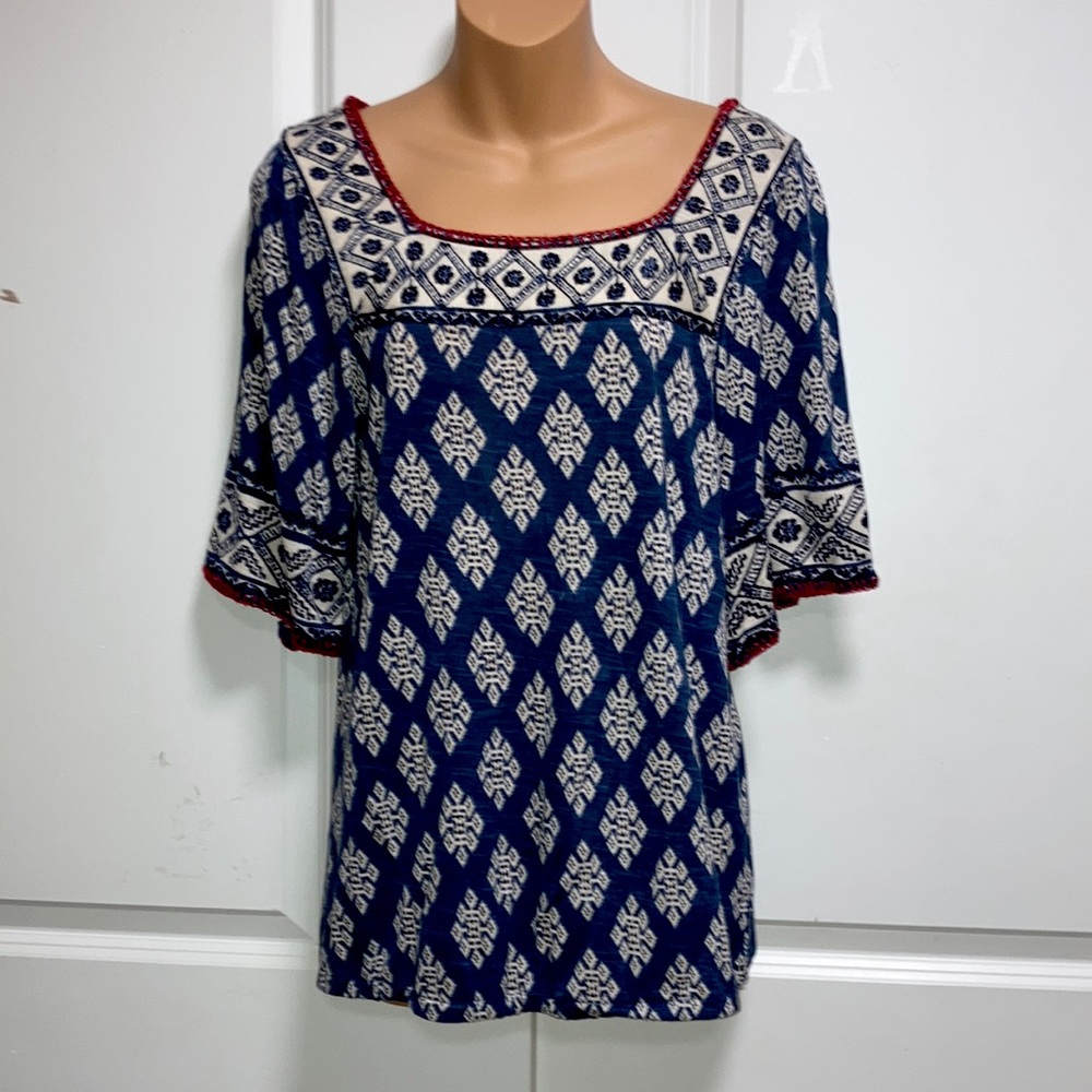 LUCKY BRAND Red Stitch India Tribal Printed Tunic Shirt Gypsy Boho Blouse Navy S
